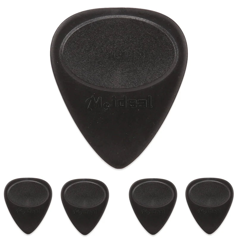 A set of five black non-slip nylon guitar picks are shown in various angles.