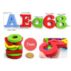 A magnetic letter and number set showing the letters A, E, and numbers 6 and 8 in various colors.