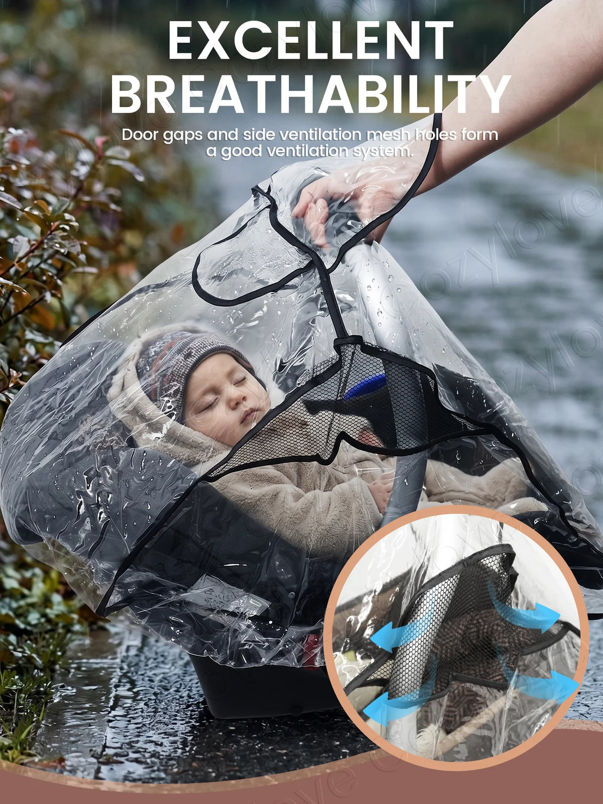 A baby is inside a clear waterproof rain cover with breathable mesh holes, demonstrating good ventilation.