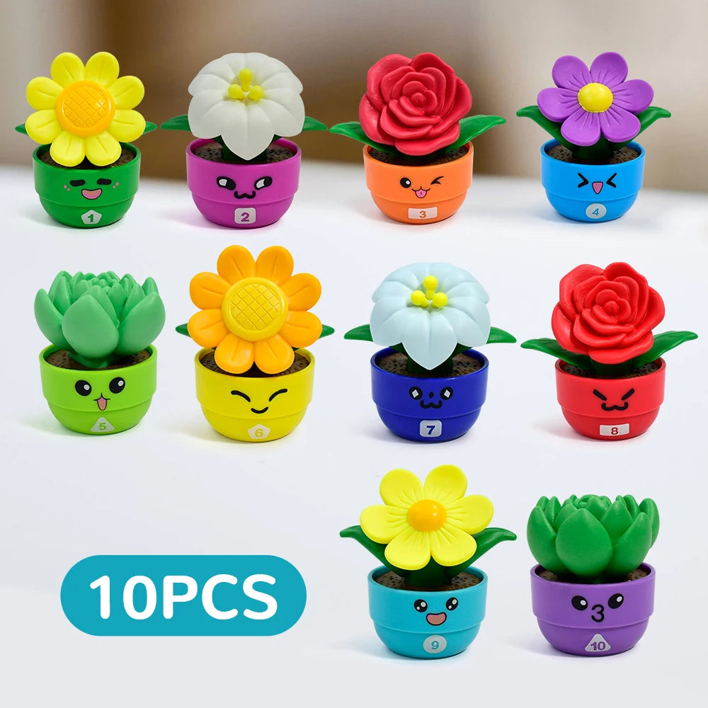 A set of ten colorful potted flowers for a sorting and stacking toy, featuring various flower shapes in different colors.