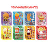 A collection of 16 sheets of DIY pizza sticker craft kits featuring various food items and characters for kids.