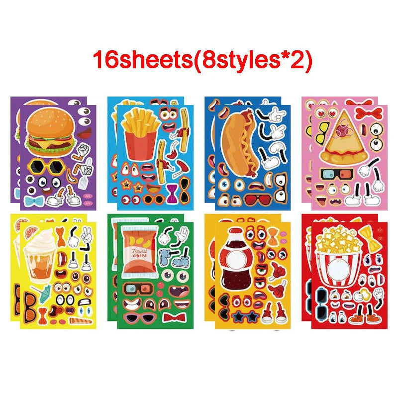 A collection of 16 sheets of DIY pizza sticker craft kits featuring various food items and characters for kids.