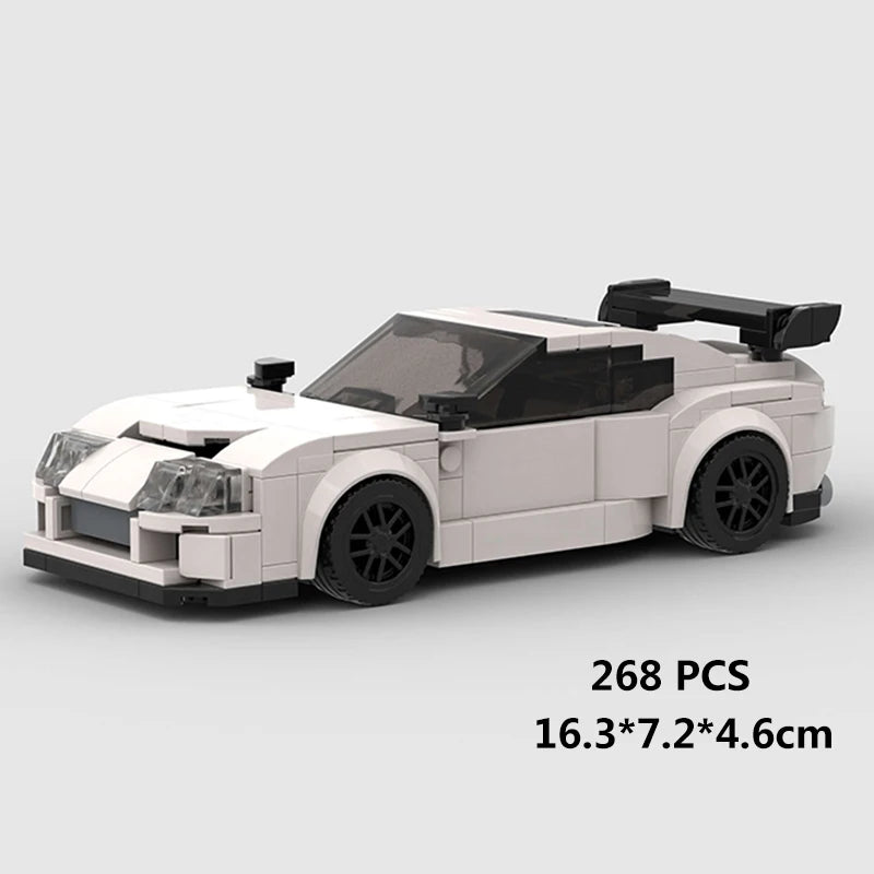 A white classic rally car building block set with black accents and a spoiler.
