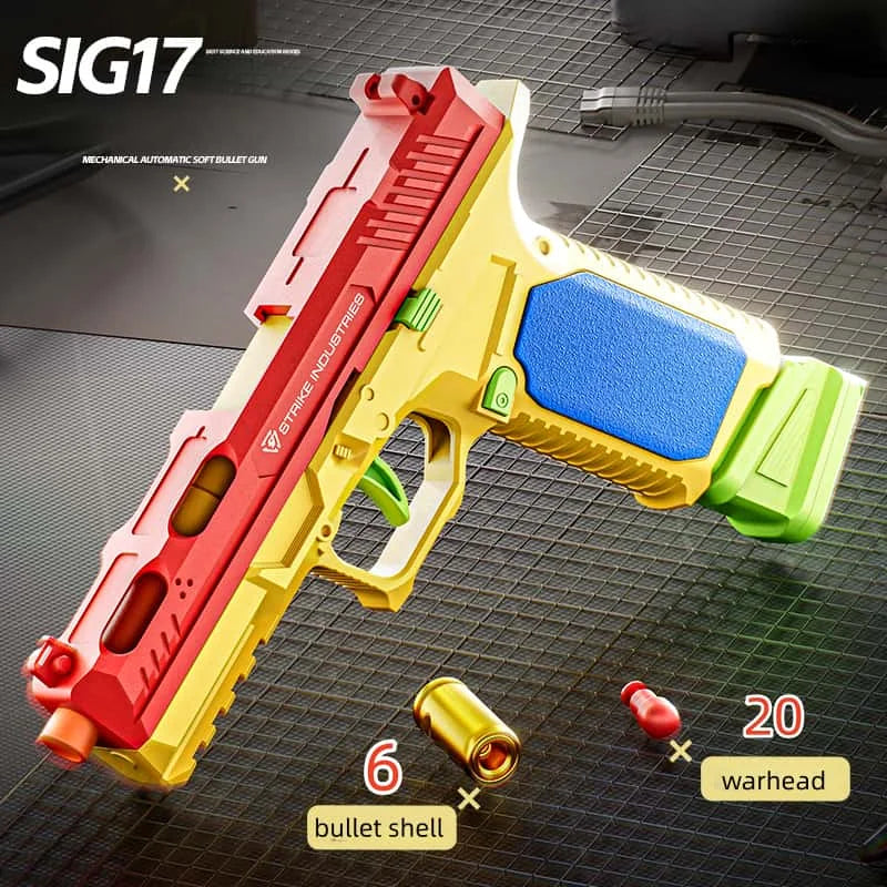 A yellow and red soft-fire blaster pistol toy gun is shown with a blue grip and bullet shells on a dark surface.