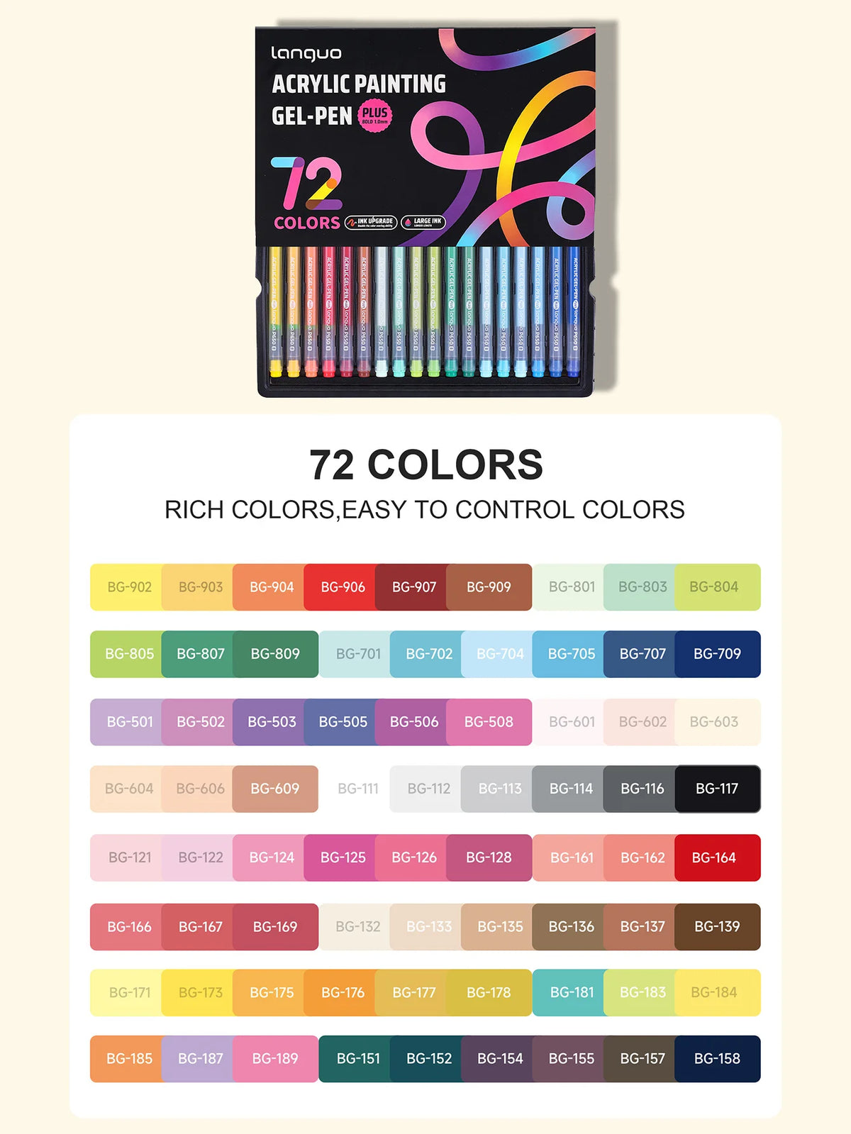 A box of Lanquo Acrylic Painting Gel-Pen Plus set featuring 72 colors organized in rows.