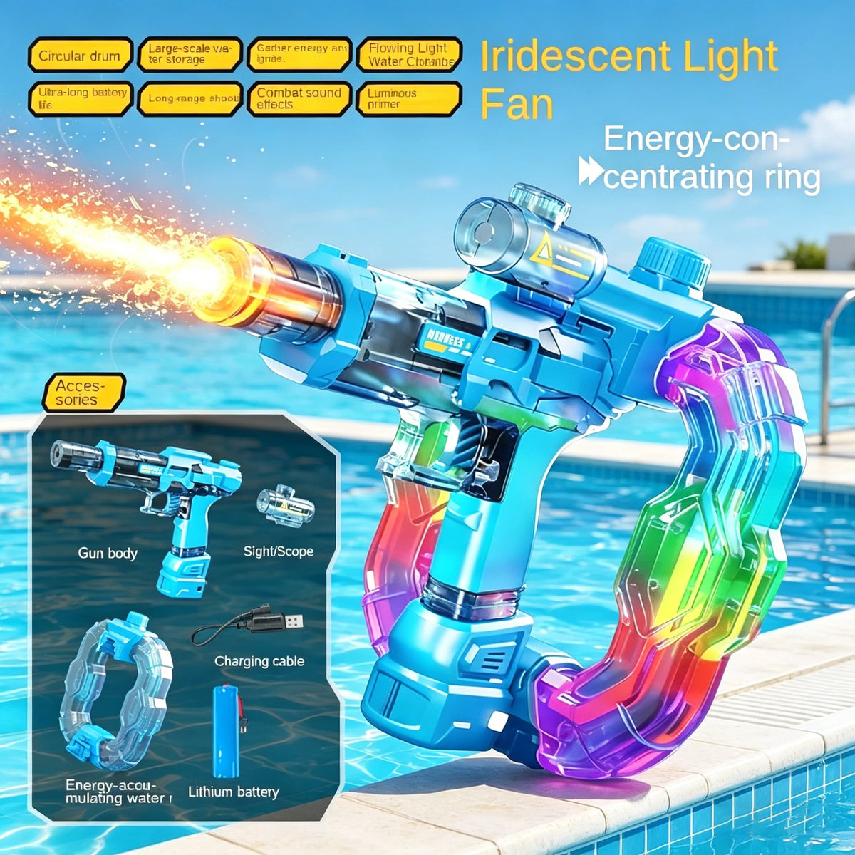A blue electric water gun with iridescent light effects is shown next to a swimming pool.
