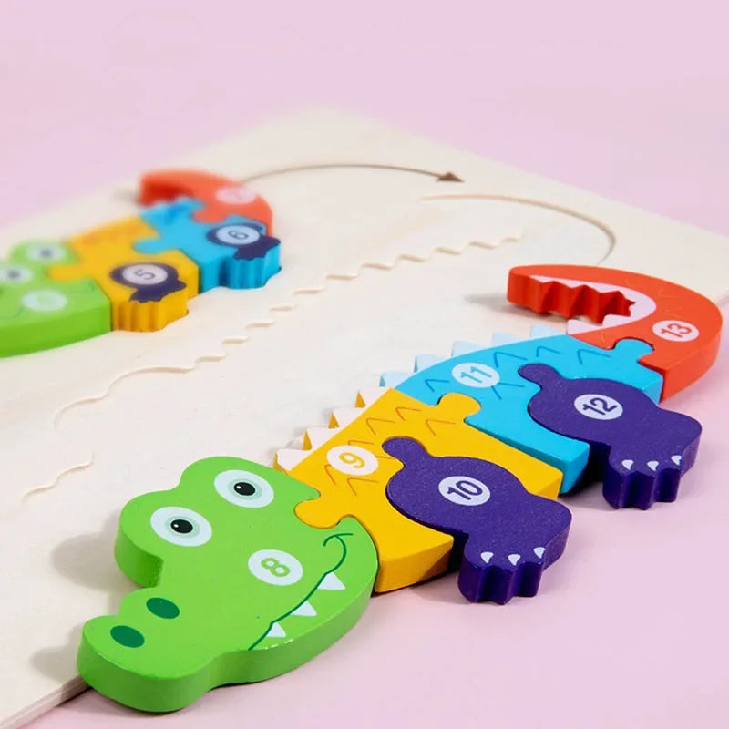 A colorful wooden puzzle featuring cartoon dinosaurs in various shapes and colors.
