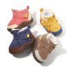 A set of three cozy plush-lined winter boots for toddlers in shades of pink, yellow, and blue.