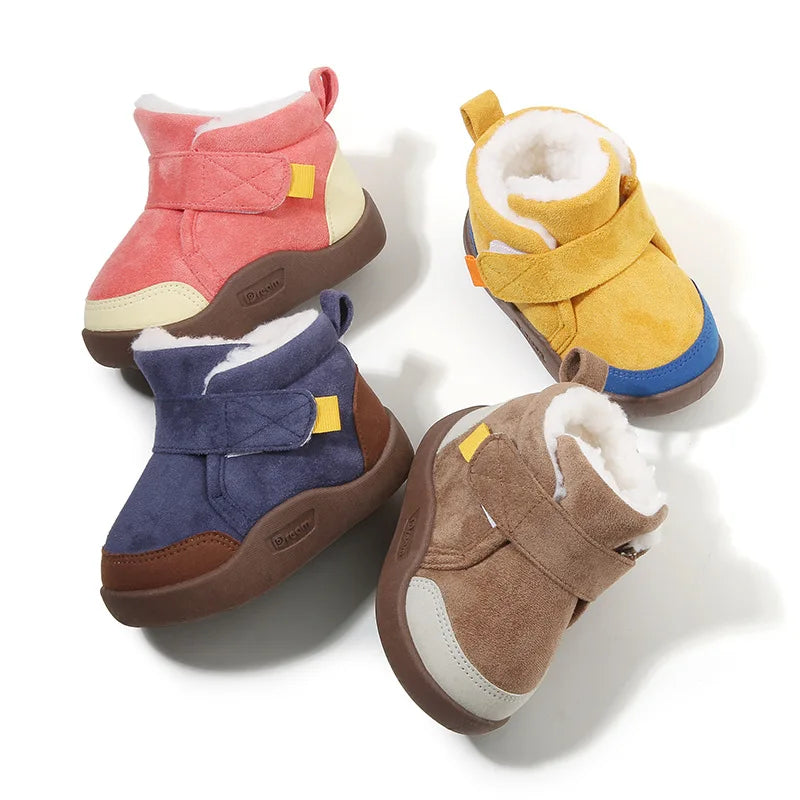 A set of three cozy plush-lined winter boots for toddlers in shades of pink, yellow, and blue.