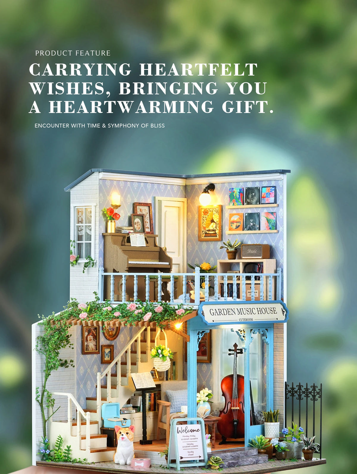 A detailed wooden miniature dollhouse kit with interior and exterior scenes, featuring decorative elements and lighting.