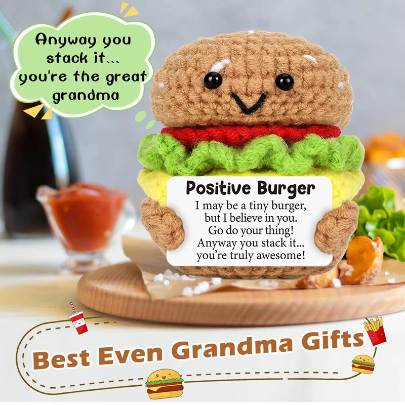 Handmade Crochet Hamburger and Donut Desk Decor with Positive Message Card