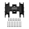 Black CNC aluminum skid plate for a 1/24 RC crawler with mounting screws.