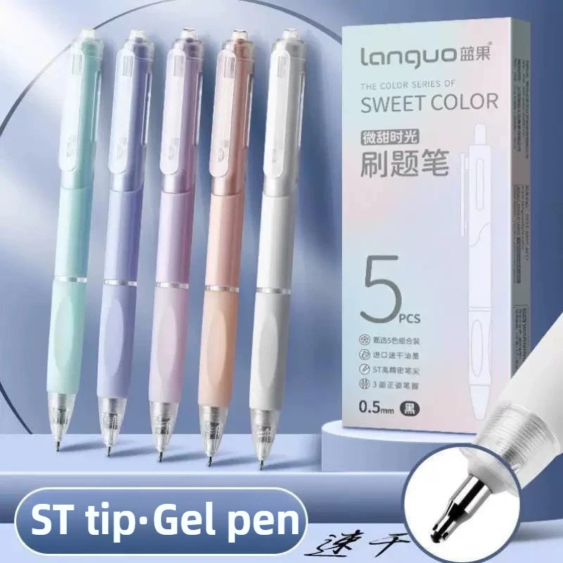 A set of five Languo sweet color gel pens in various shades displayed against a white background.