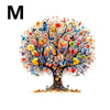 A vibrant watercolor illustration of a tree with numerous colorful, butterfly-shaped flowers and leaves.