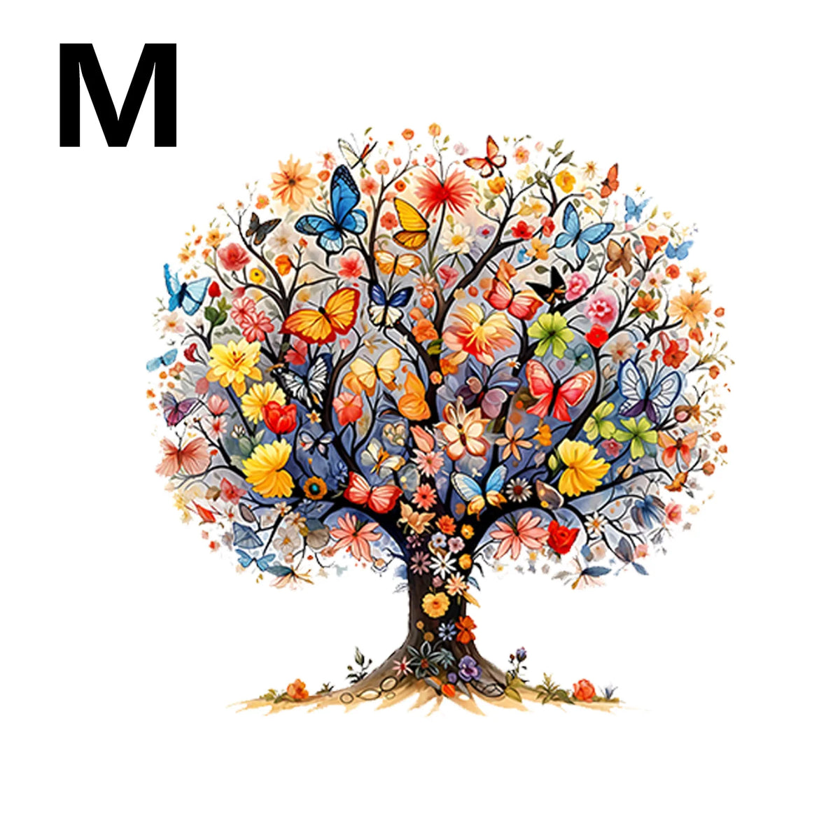 A vibrant watercolor illustration of a tree with numerous colorful, butterfly-shaped flowers and leaves.