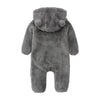 A gray baby bear fleece hooded romper with a zipper.