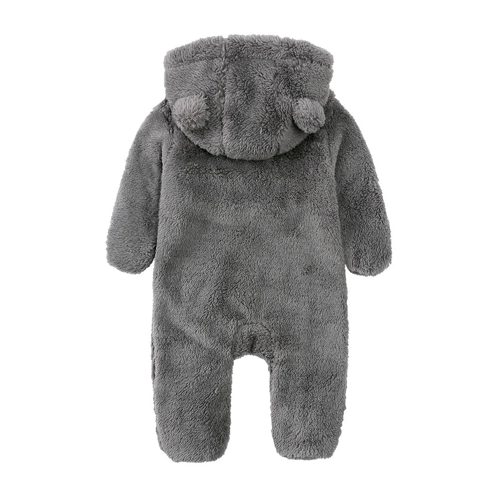 A gray baby bear fleece hooded romper with a zipper.