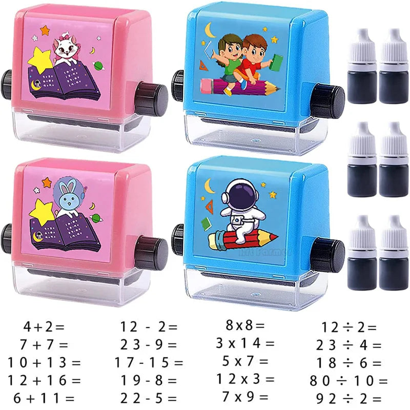 A set of pink and blue math roller stamps for practicing addition, subtraction, multiplication, and division problems.