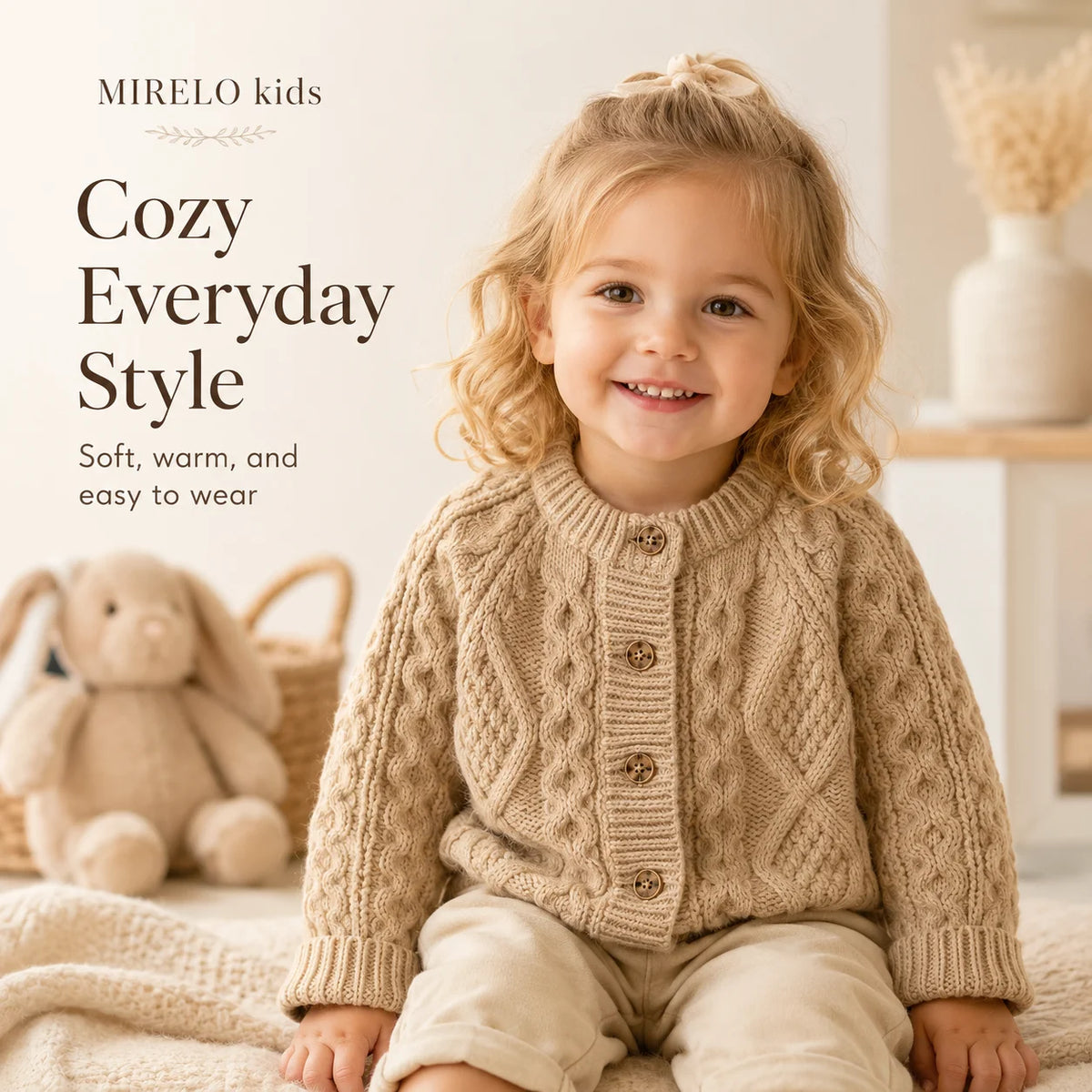 A smiling young girl wearing a beige knit cardigan sweater and light pants, sitting in a bright indoor setting.