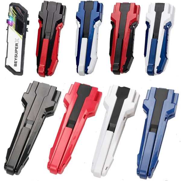 A collection of five colored gyro launcher accessories in black, red, blue, white, and gray.