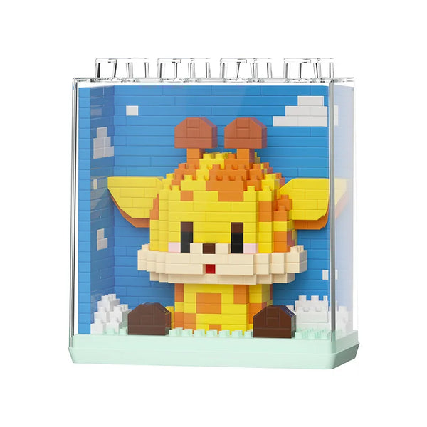 A clear acrylic display featuring a cute yellow animal building block model against a blue brick background.