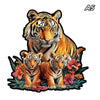 A detailed illustration of a tiger cub and an adult tiger, surrounded by floral elements.