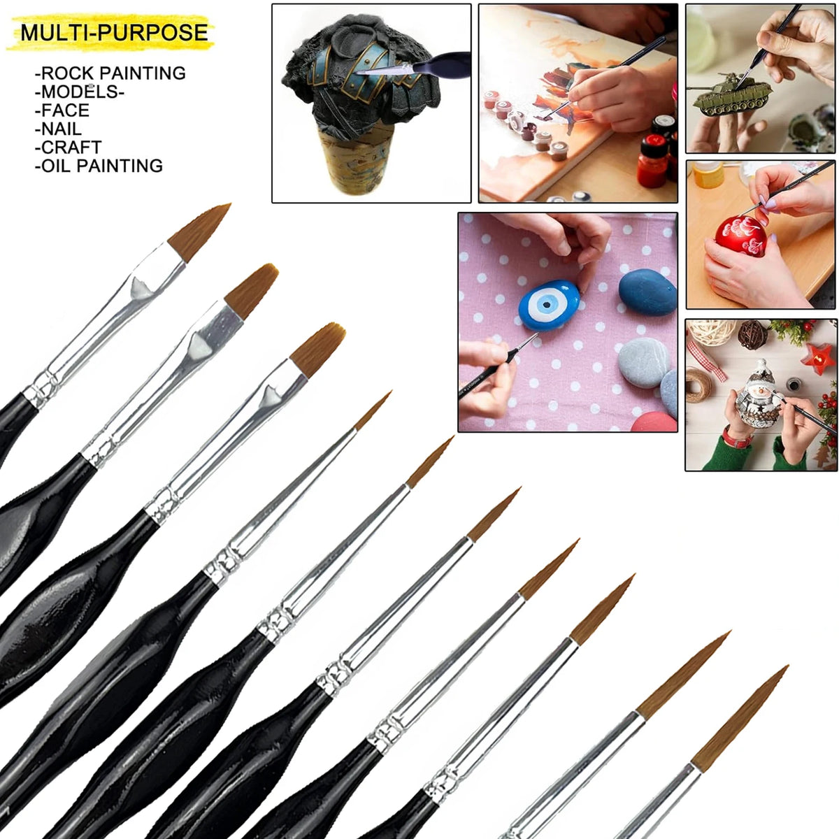 A collection of thirteen fine detail paint brushes for various art and craft work applications.