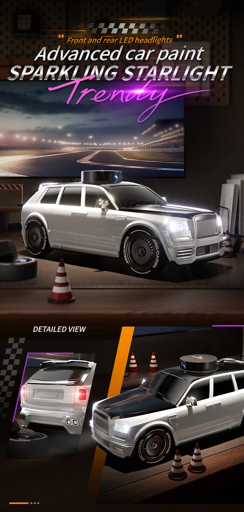 A white luxury SUV is shown with sparkling starlight LED headlights and a black roof, displayed on a dark surface.