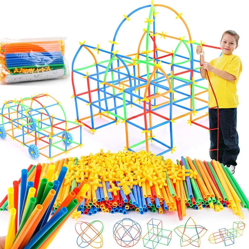 A set of colorful interlocking building straws and connectors for creative STEM play, including various shapes.