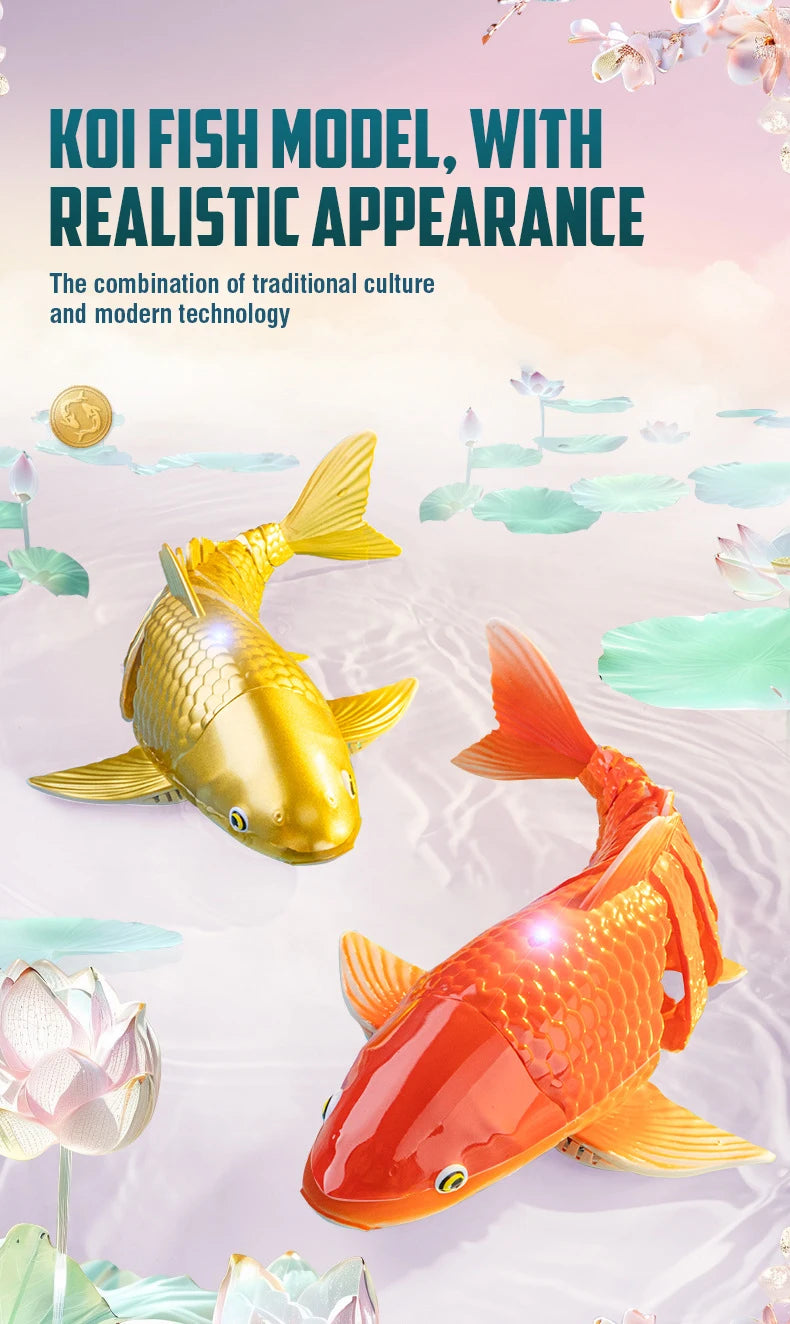 A realistic gold and orange koi fish model is shown swimming in water, highlighting the combination of traditional culture an