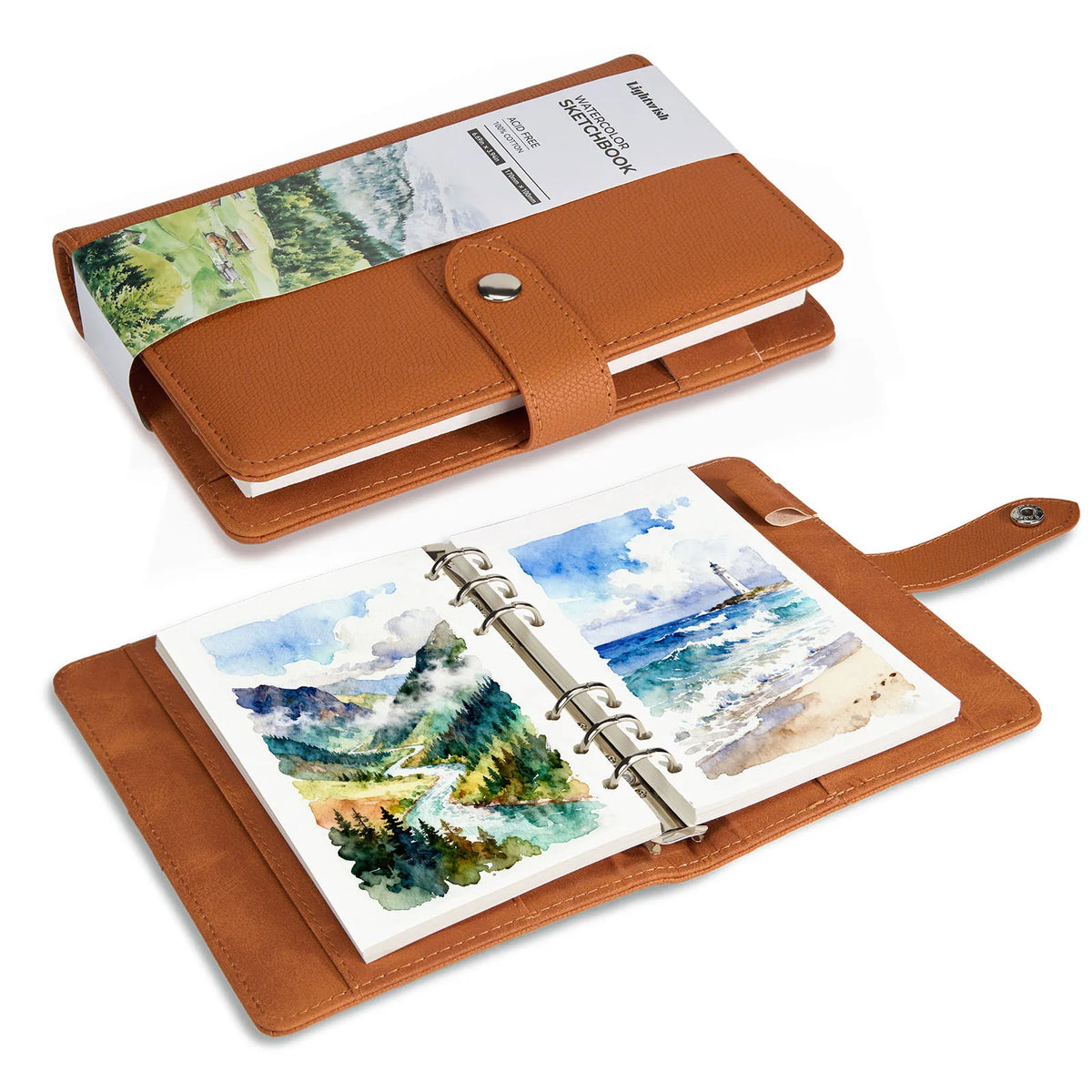 A brown watercolor sketchbook with lay-flat binding and a cover featuring a landscape painting.