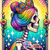 A vibrant diamond painting featuring a skull woman with colorful hair and a crown against a rainbow background.