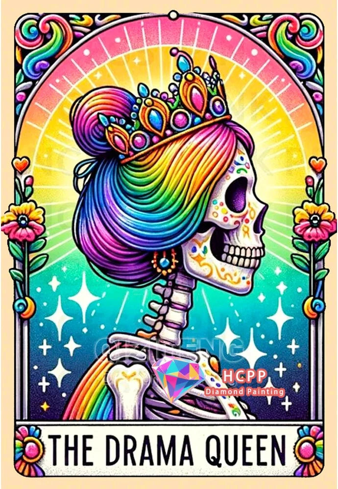 A vibrant diamond painting featuring a skull woman with colorful hair and a crown against a rainbow background.