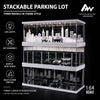 A three-layer stackable parking lot model featuring miniature cars and cityscapes with LED lights.
