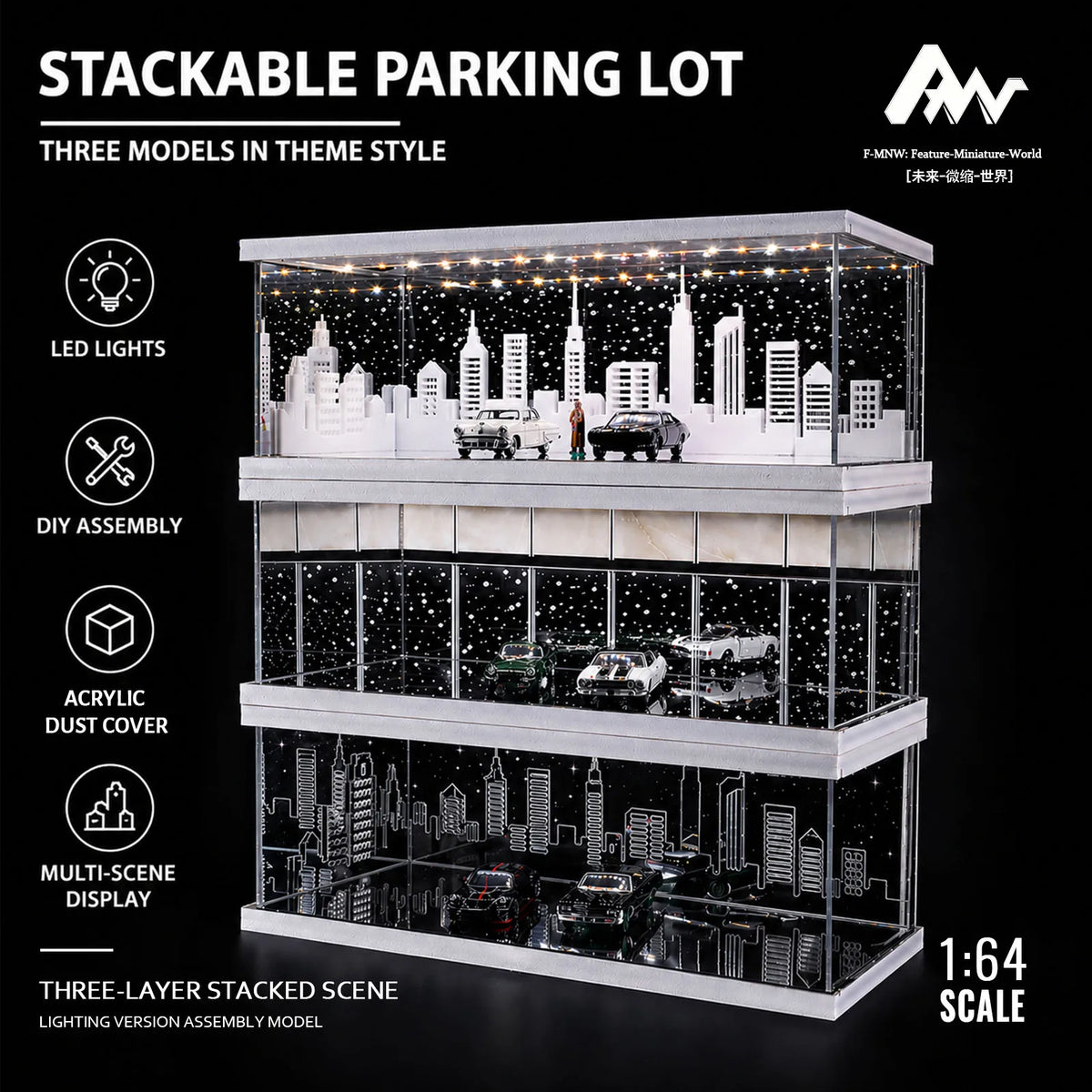 A three-layer stackable parking lot model featuring miniature cars and cityscapes with LED lights.