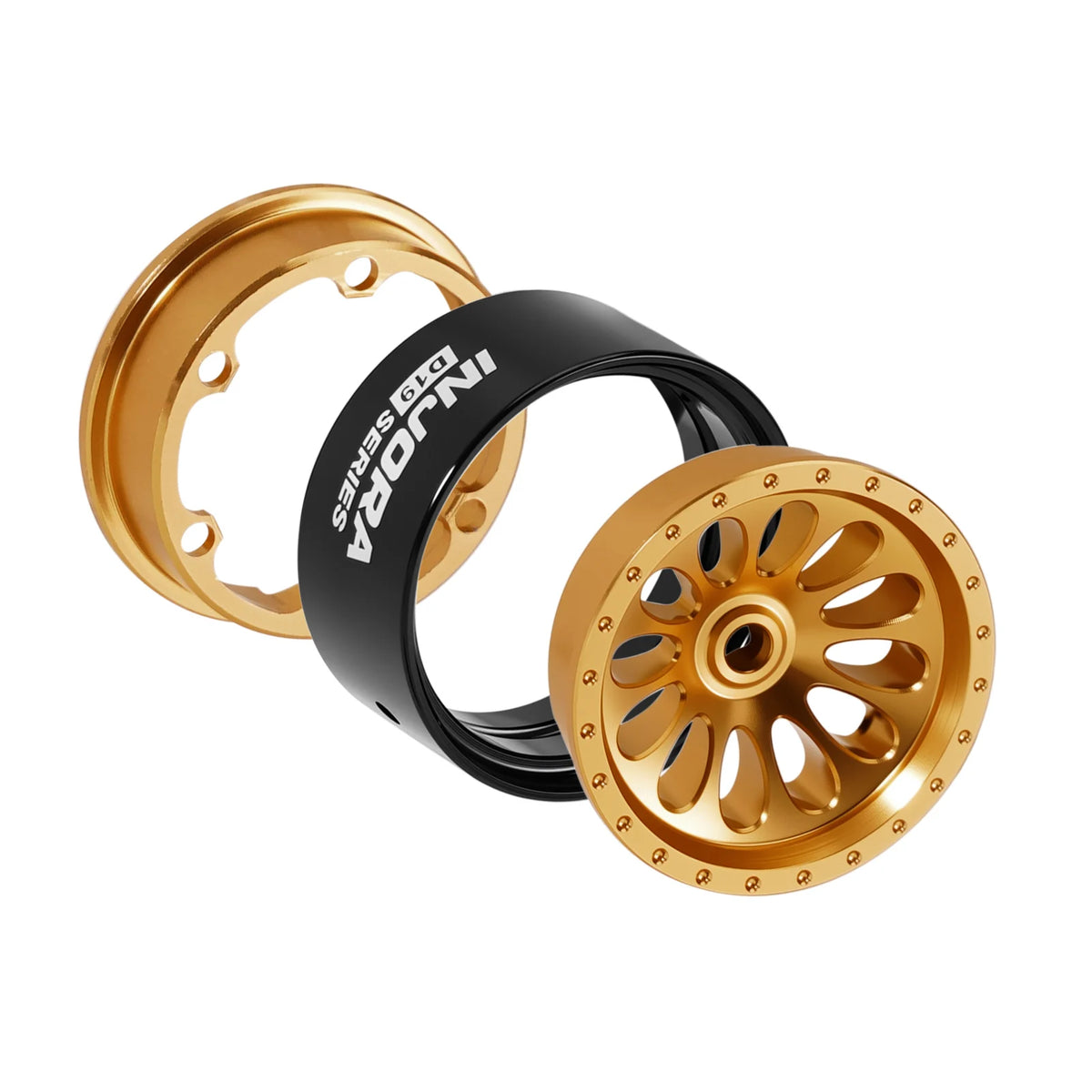 A set of bronze and black beadlock wheels for an RC car, featuring a smooth aluminum finish.
