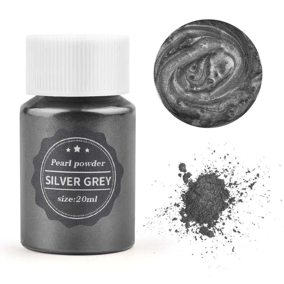A dark glass jar of silver grey pearl powder next to a swirling texture and a pile of the powder.