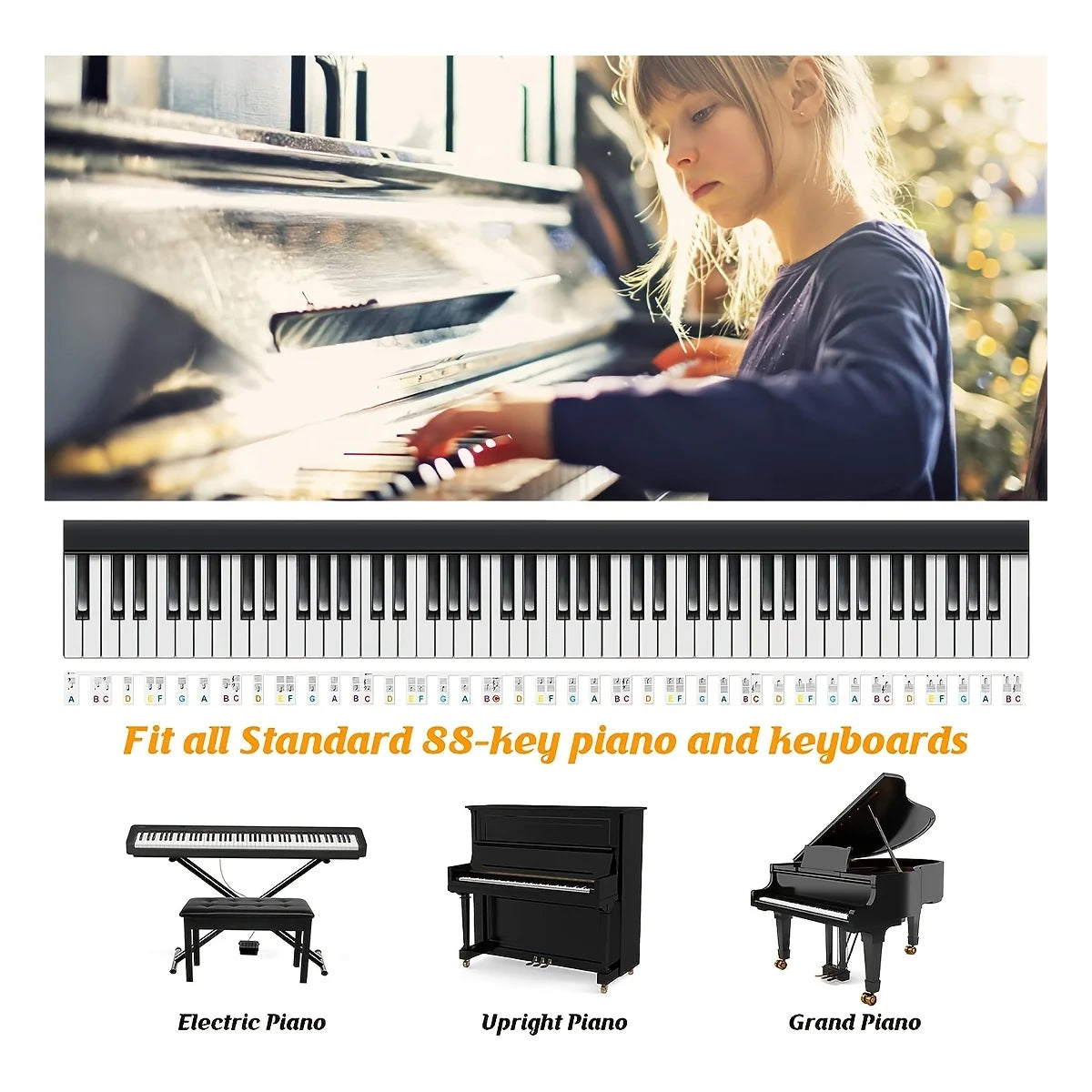 Reusable Silicone Piano Key Note Labels for 88-Key Full Size Keyboards
