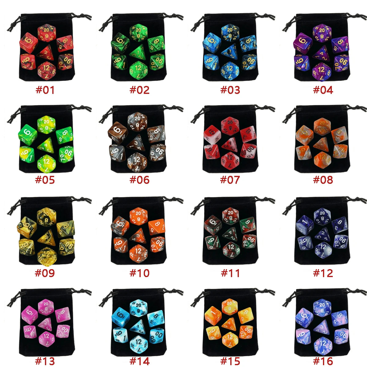 A collection of colored polyhedral dice organized in individual storage bags labeled 01 through 16.