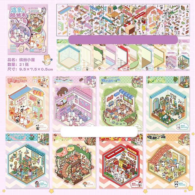 A collection of 21 miniature cottage-themed stickers and components for journaling and crafts.