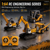 A yellow mini RC engineering series set featuring a loader, excavator, and truck with a trailer on a textured surface.