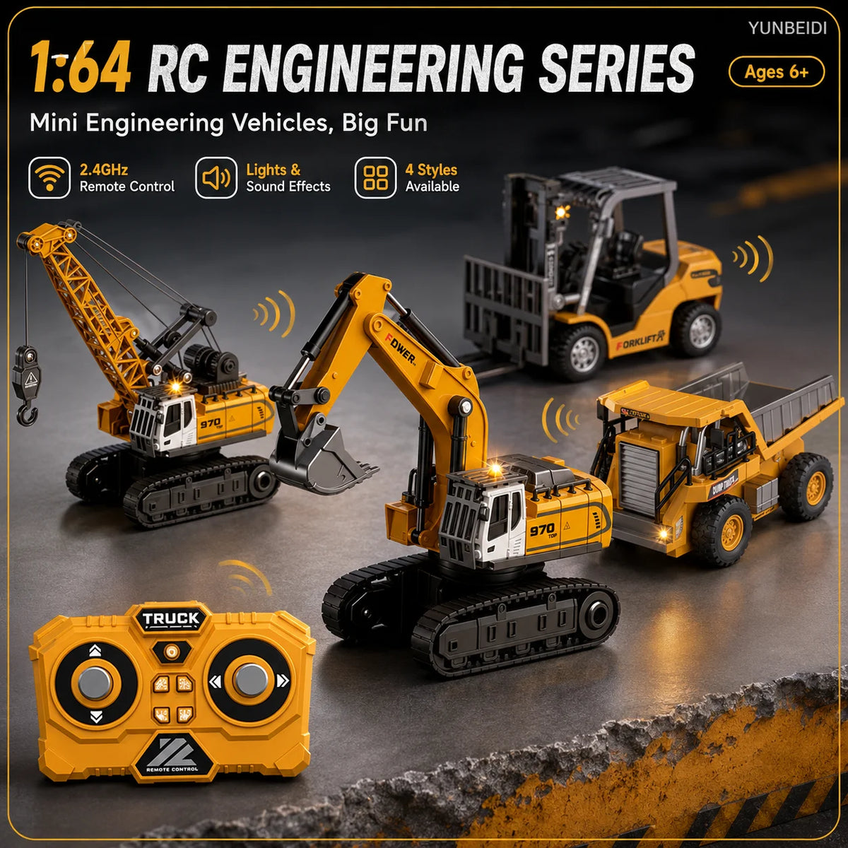 A yellow mini RC engineering series set featuring a loader, excavator, and truck with a trailer on a textured surface.