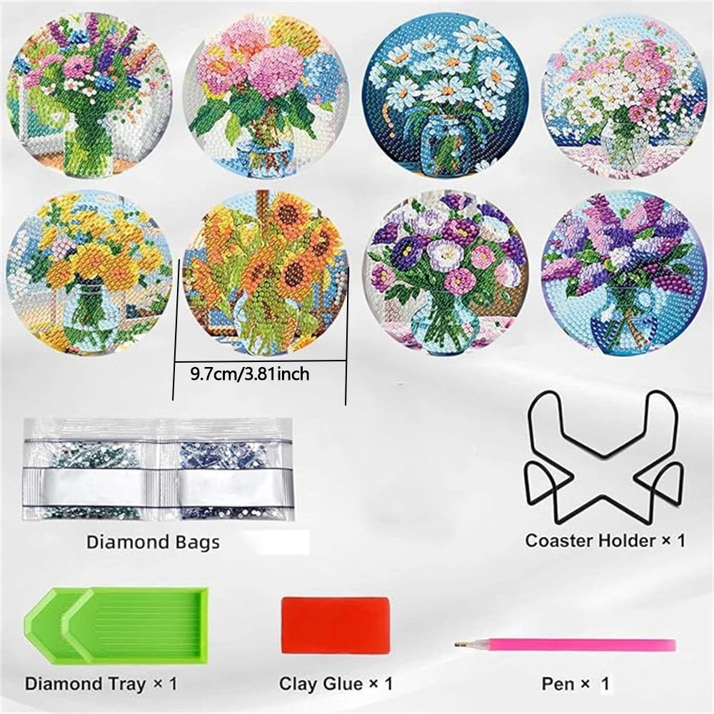An 8-piece diamond painting coaster kit includes painting tiles, a clay glue, a diamond tray, and a coaster holder.