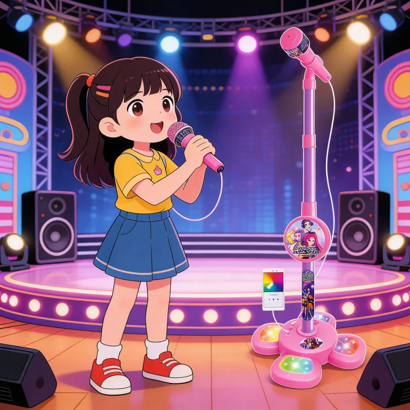 A young girl performs on a stage with a microphone stand and colorful LED lights.