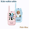 Pink and blue kids walkie-talkies with antennas and a video screen
