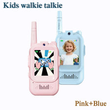 Pink and blue kids walkie-talkies with antennas and a video screen