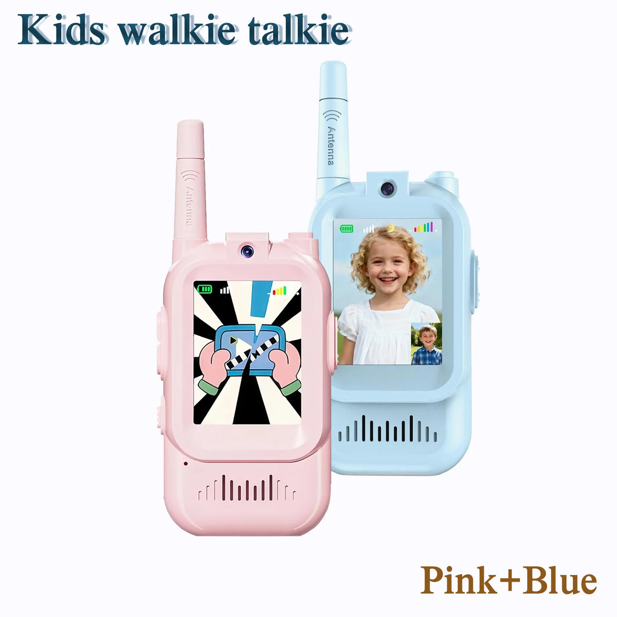 Pink and blue kids walkie-talkies with antennas and a video screen