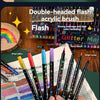 A hand holds a set of double-headed art markers with metallic glitter finish, showing various colors and brush tips.