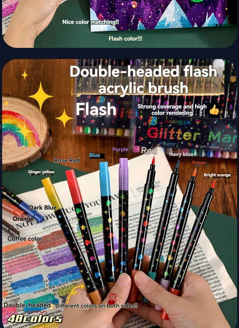 A hand holds a set of double-headed art markers with metallic glitter finish, showing various colors and brush tips.