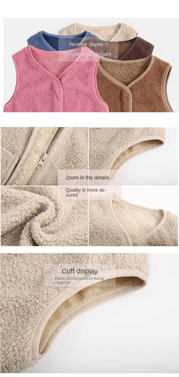 A collection of cozy lamb wool baby vests in pink, blue, and beige, showing details and cuff display.